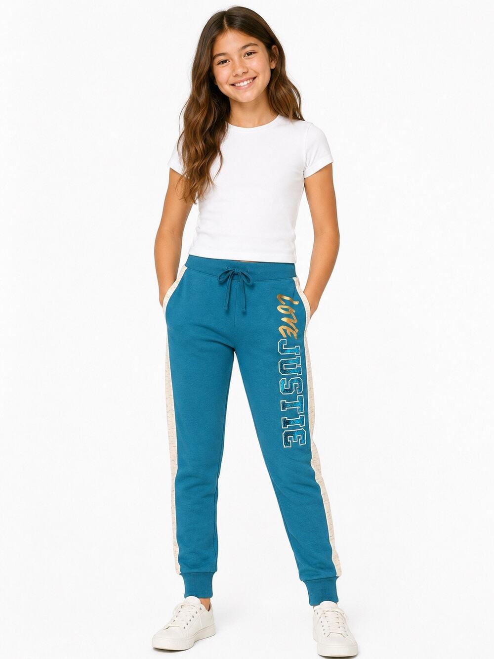 NWT Justice Active Teal Love Justice Sequin Jogger Pants Girls Size 12